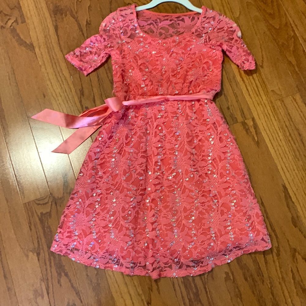 My Michelle size 10 peach Sequined lace dress